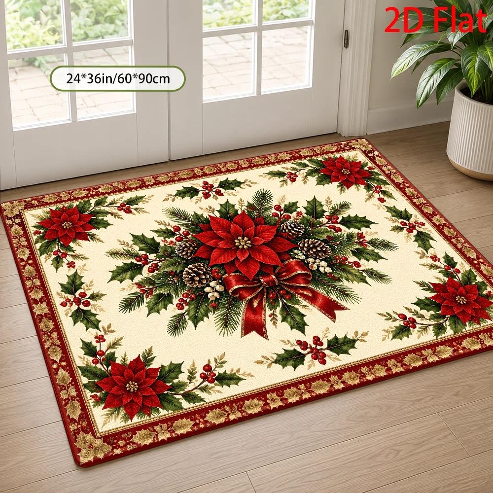 TEMU 2d Flat, Christmas Poinsettia & Holly Embroidered Large Rugs, Festive Holiday Decorative Area Rugs With Red Bow Motif, Durable, And Soft