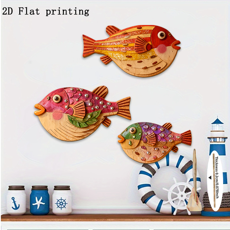 TEMU Set di tre pezzi piatto 2D con decorazione da parete in legno con motivo di pesce palla, realizzato in legno artificiale, installazione a colla,