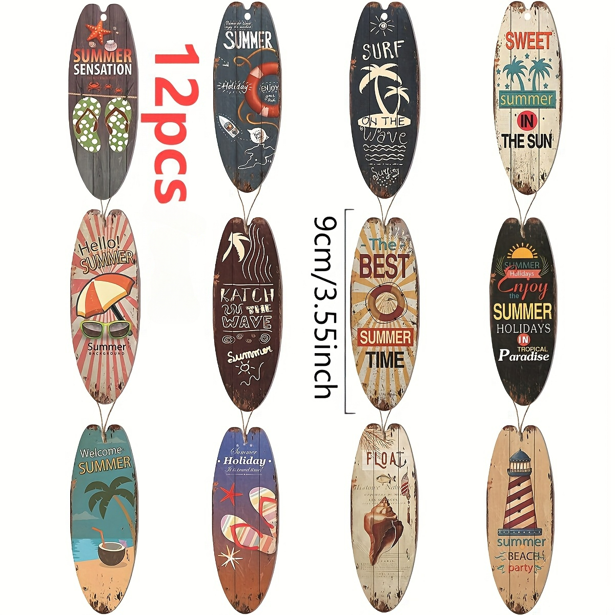 TEMU 2d Flat, 12pcs Pack Vintage Surfboard & Skateboard Wall Hanging Decorations - Artificial Retro Nautical Pendants Suitable For Summer Pool