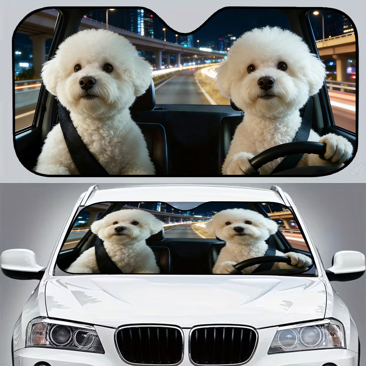 TEMU 1pc Cute Bichon Dog Image Car Front Windshield Visor, Foldable Storage, Effective Protective Visor To Keep The Car Cool, Convenient Suction Cup,