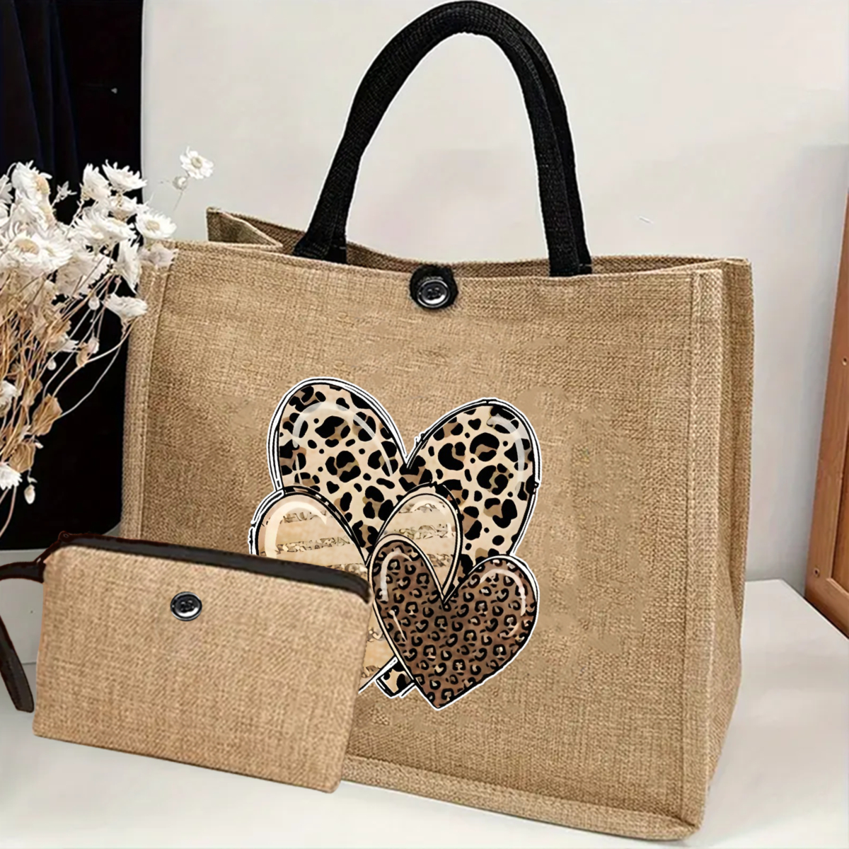 E-shop 2 Stück Leopardenmuster Herz-Muster Damen-Tragetasche, Leichte Handtasche mit Münzbeutel Reißverschluss-Innentasche für Privatsphäre. Ideal für