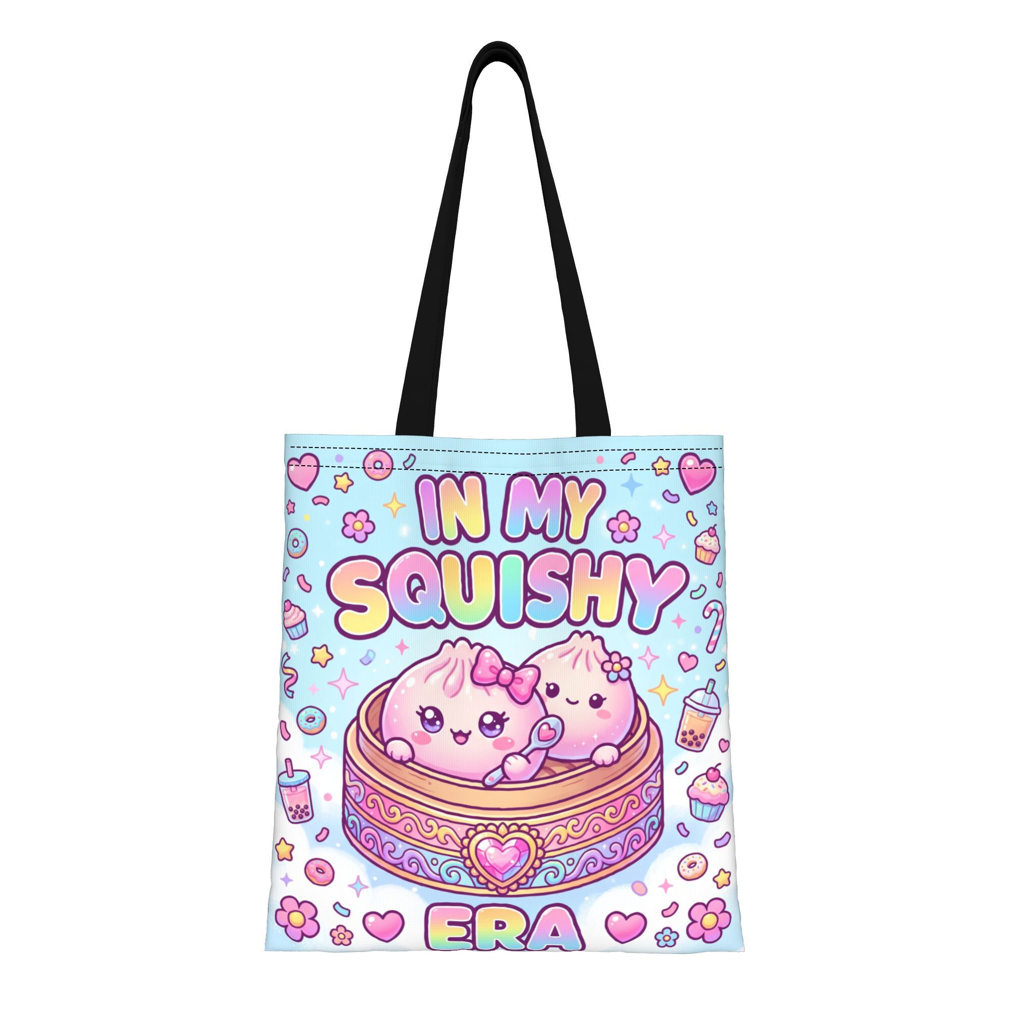 TEMU 1pc In Era Dumplings 2d Flat Printing Reusable Double Sided Canvas Tote Bag With Fixed Shoulder Straps Unlined No Closure Handbag Versatile Tote