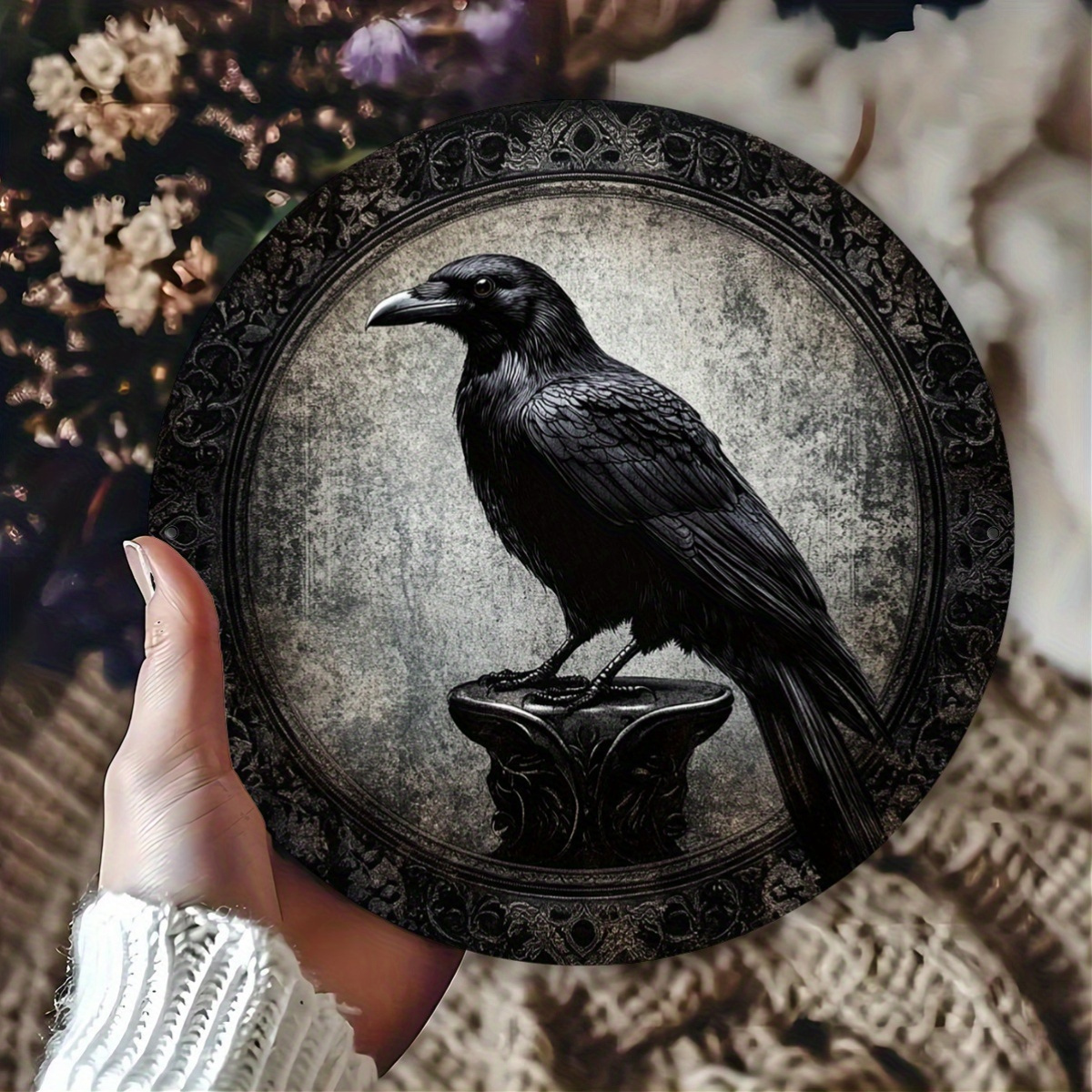TEMU 1 Gothic Black Metal Wall Art - 7.87-inch Round Gothic Black Painting, Suitable For Halloween And Autumn Decorations, Vintage Black Wall Decor