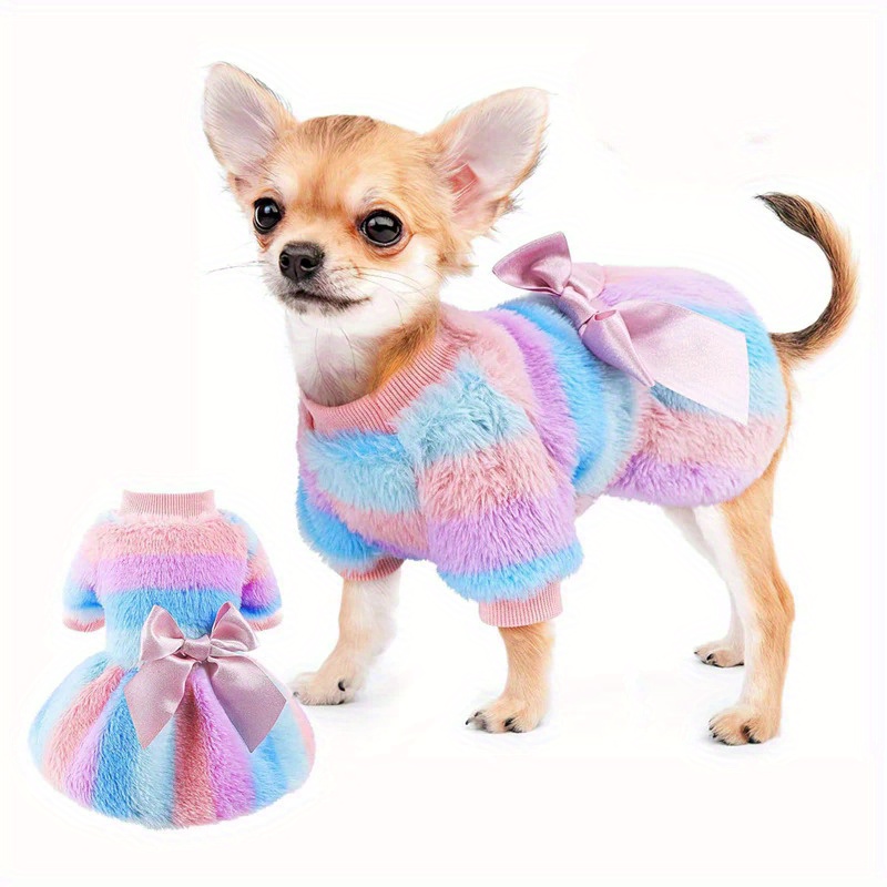 

Rainbow Plush Princess Dog Dress For Small Dogs Girl Winter Puppy Cat Sweater Clothes Warm Fleece Pet Dress Bowknot Skirt