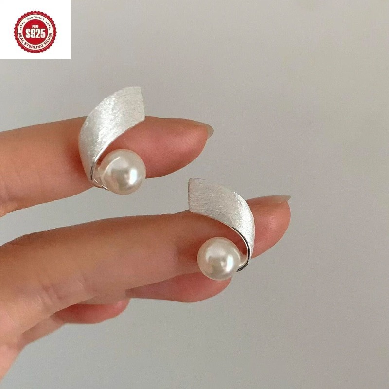 TEMU S925 Sterling Silvery French Minimalist Brushed Ribbon Earrings, Light Luxury Niche High-end Women's Ear Jewelry, Unique And Stylish, Elegant