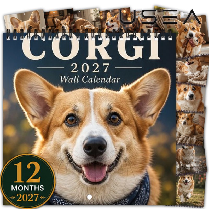 TEMU 2027 Wall Calendar, 1 Pack 2027 Corgi Wall Calendar, 12 Months Hanging Monthly Planner With Twin Wire Spiral Binding, Large Blocks, Us Holidays,