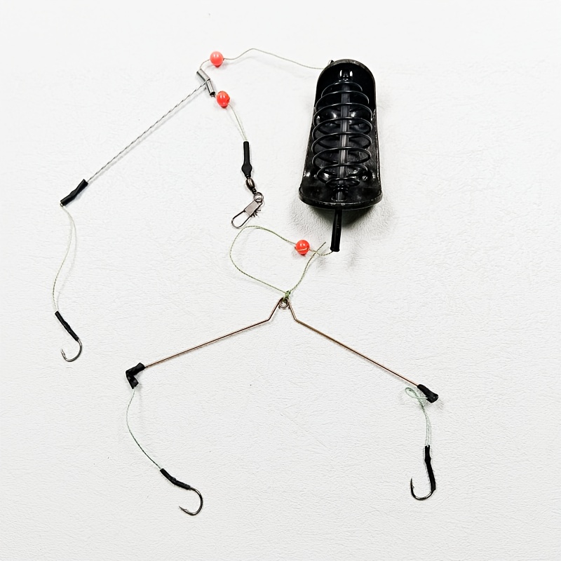 TEMU 2pcs 50cm/19.68 Inch Carp Fishing Feeder Rig With Spring Bait Cage Y-shaped 3 Way Split Arm & Pre-tied Hooks, Ready-to-use Feeder Hook Set For