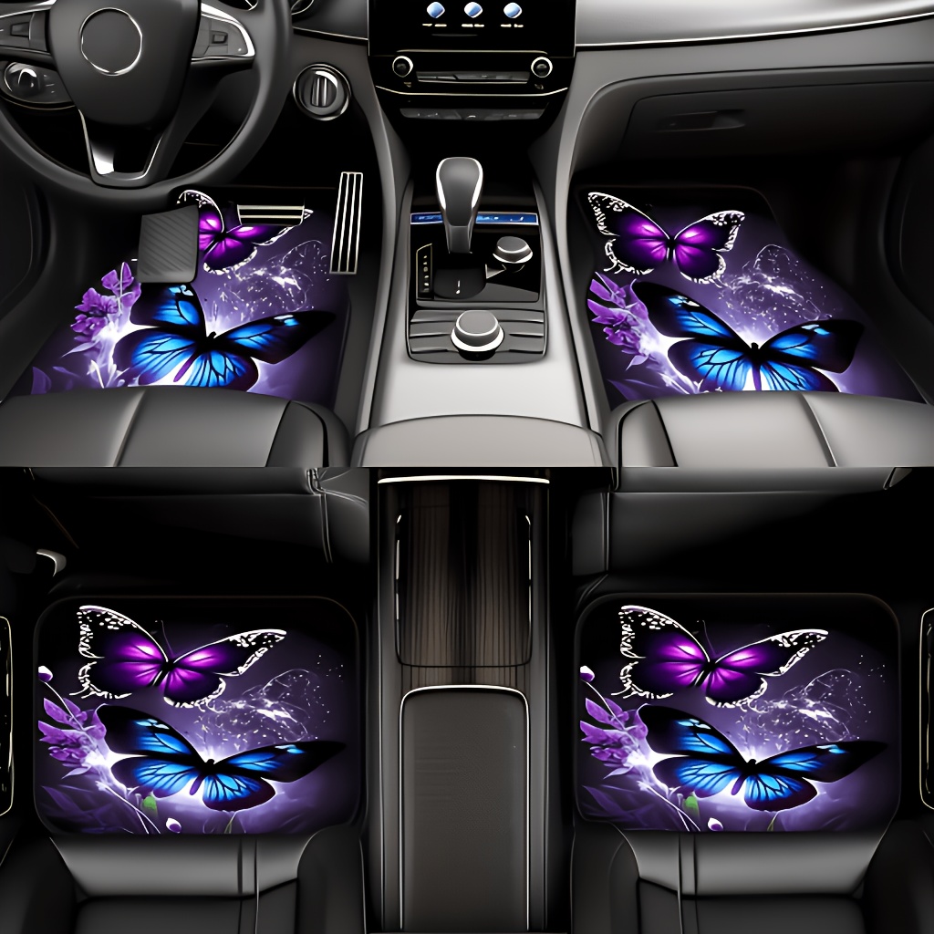 TEMU Pattern Universal Car Floor Mats With Purple And Blue Butterflies 4pcs Set 100% Automotive Interior Decor Front And Rear Floor Mats For Car