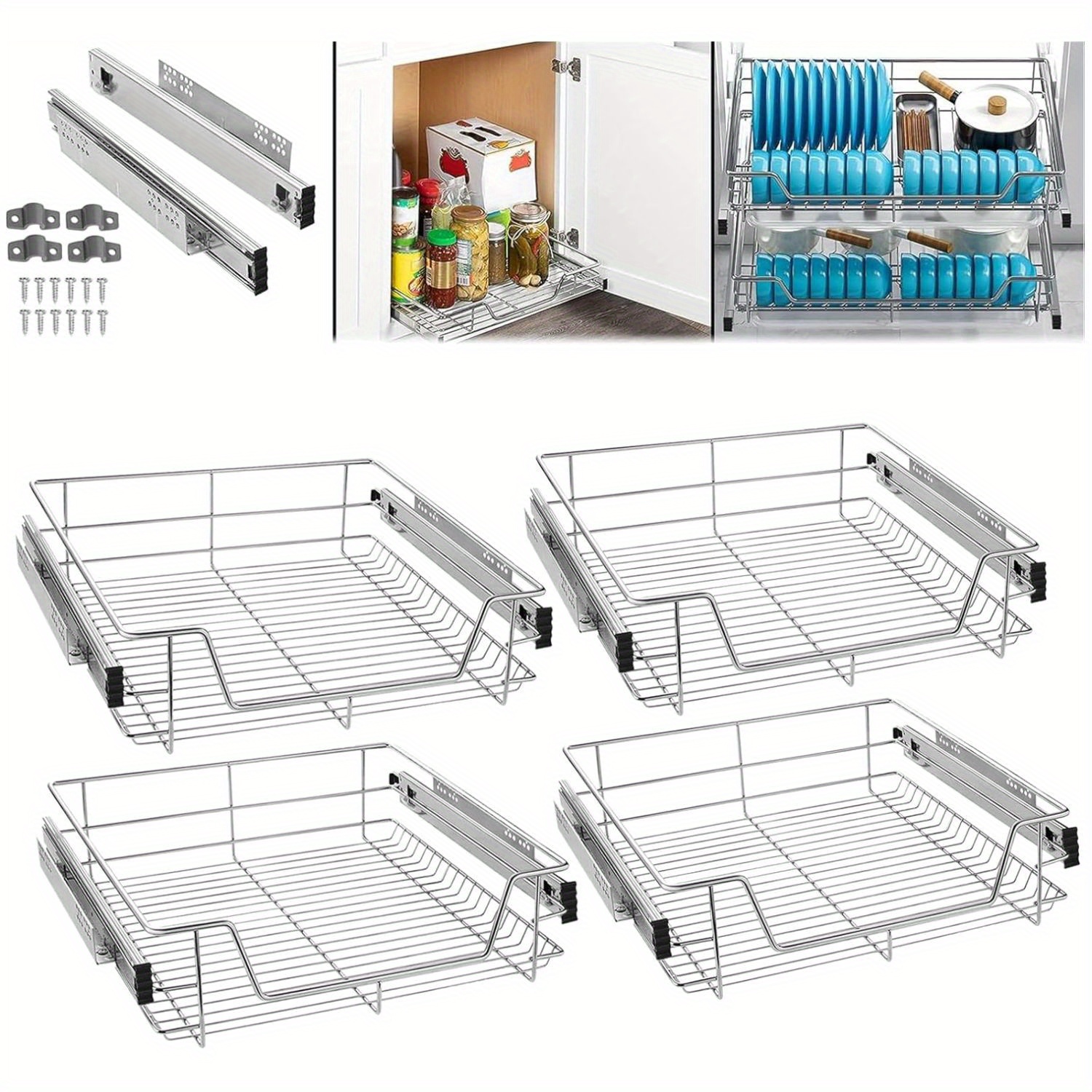 TEMU Slide-out Wire Storage Baskets - Set Of 2 Or 4, Chrome Organiser Drawers For Kitchen Cabinets, Pantry & Bathroom (fits Base Units)