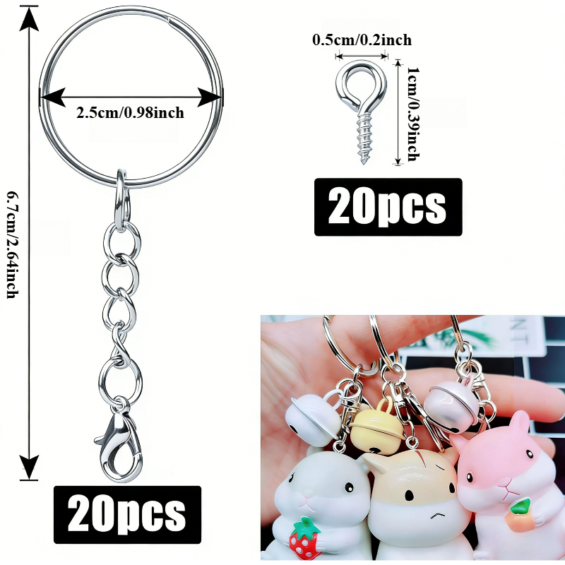 E-shop 40-teiliges Schlüsselring-Set mit Kette Karabinerhaken (20 Schlüsselring-Rohlinge 25 mm + 20 Ösenschrauben) kleine Schlüsselringe für