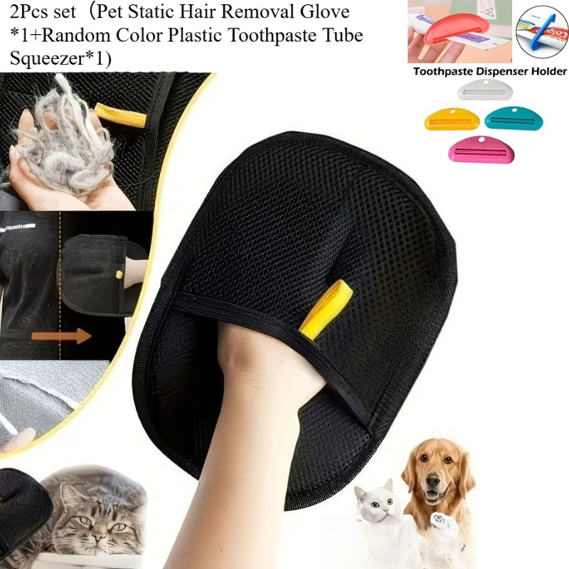 TEMU 2pcs Pet Static Hair Removal Glove *1+random Color Plastic Toothpaste Tube Squeezer*1) Grooming Glove - Suitable For Cats, Dogs, Clothing, Sofa