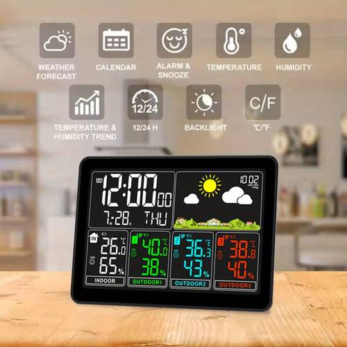 multifunctional weather station color display indoor and outdoor thermometers 12 24 hour format dual alarm with function calendar hygrometer suitable for home bedrooms and living rooms