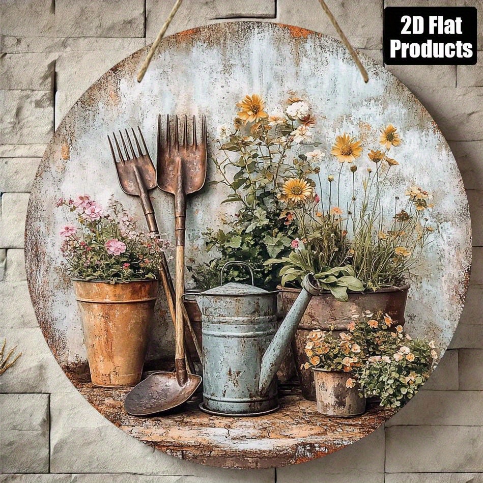 E-shop 2D Flat - Ein 2D-Flat-Design mit einer dekorativen Holzplakette im Vintage-Stil, verziert mit Werkzeugen und Blumenmustern, Größe 20,32 x 20,32