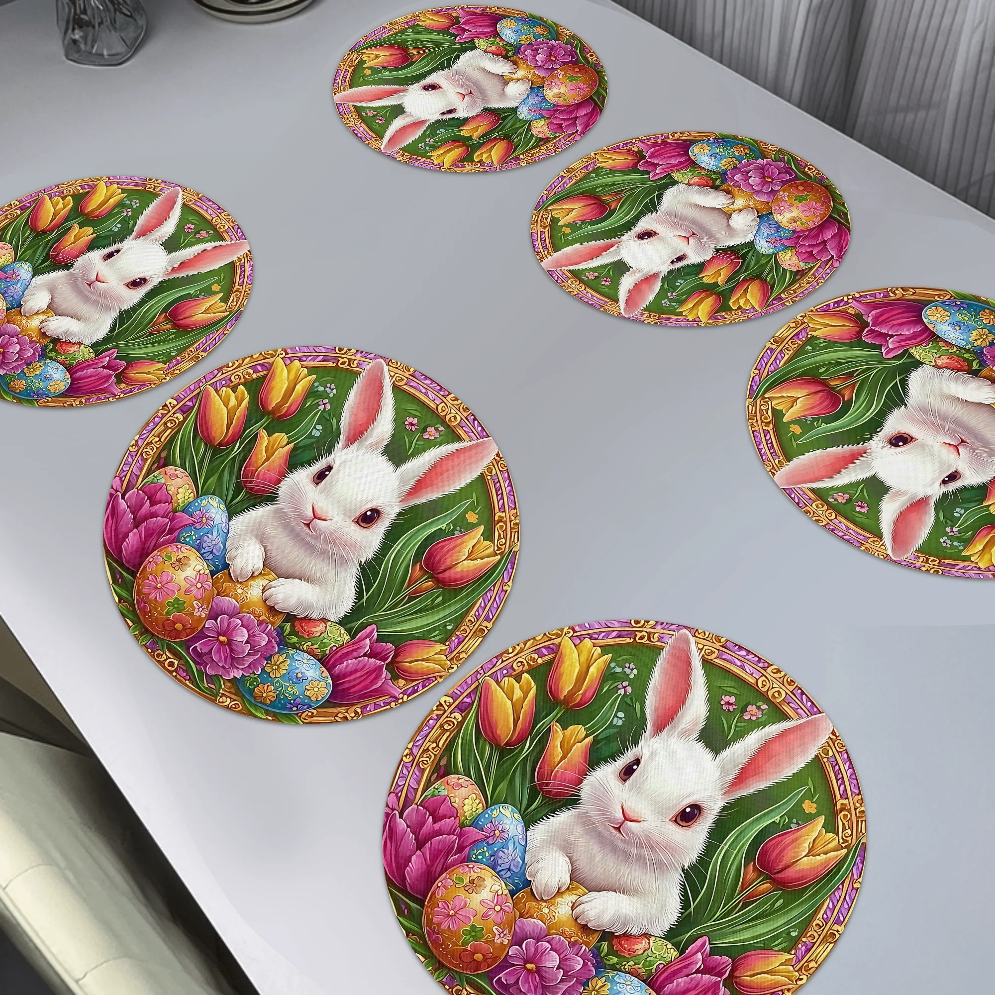 

6pcs Set Easter Bunny Placemats - Non-slip, Washable Polyester Table Mats With Egg Design For Holiday Dining & Kitchen Decor, 15x15in/38x38cm