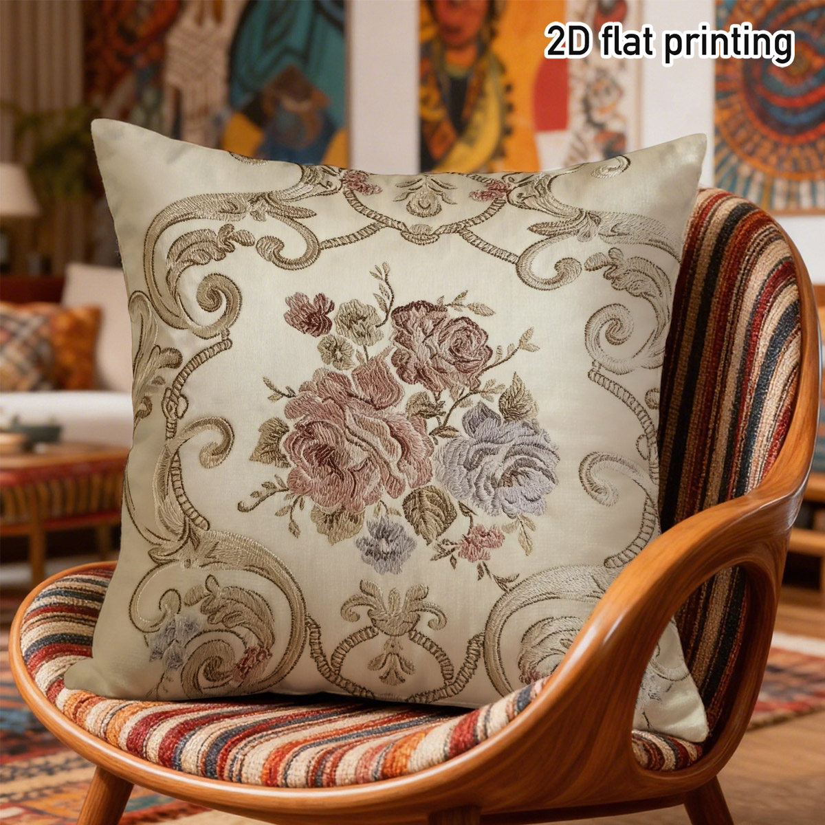 TEMU 1pc Vintage Floral Throw Pillow Covers, Duplex Prints With Elegant Roses And Intricate Scroll Patterns, Fabric, Hidden Zipper Closure, Sofa