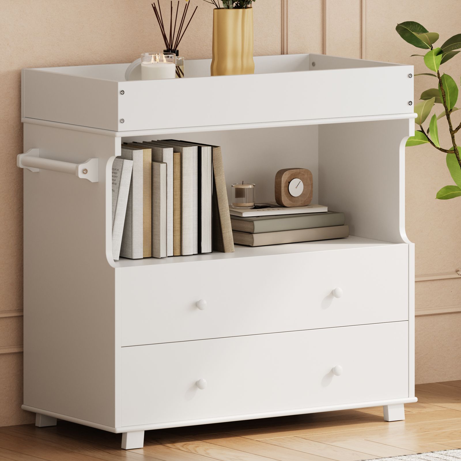 Baby Changing Table Dresser with 2 Drawers & Open Shelf - Modern White Nursery Dresser, Diaper Changing Station with Lock-Free Design, Non-Wood Durable, Easy Assembly for Kids Room, Nursery, Baby Room Storage Organizer