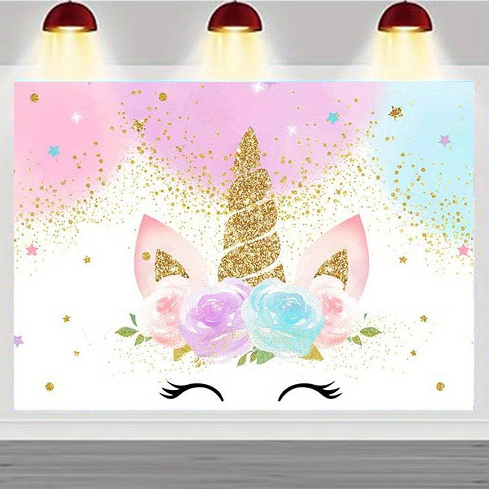 Unicorn Birthday Banner - 71x43 Inch Pastel Rainbow Photo Booth Backdrop With Glitter