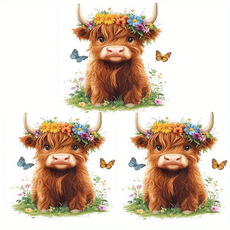 TEMU 3pcs. Highland Heat Transfer Stickers, Iron On Appliques, For T-shirts, Sweatshirts, Jeans, Bags, Pillows And Hats - Multicolor, Durable,