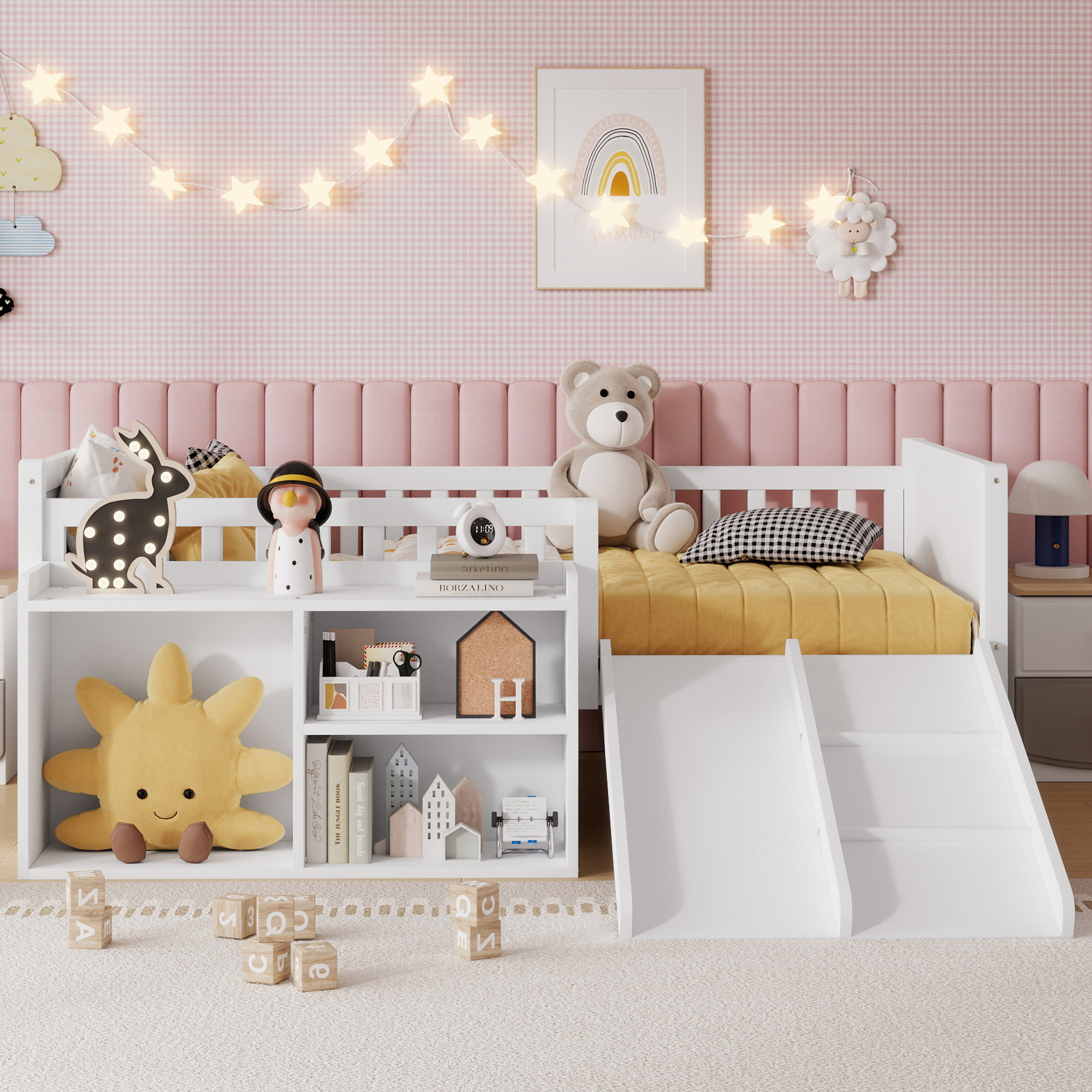 Twin Size Low Loft Bed for Kids with Slide, Movable Bookshelf Storage, Guardrails, Low Loft Bed Frame for Kids, White (Expect Arrival Date 2026/4/3)