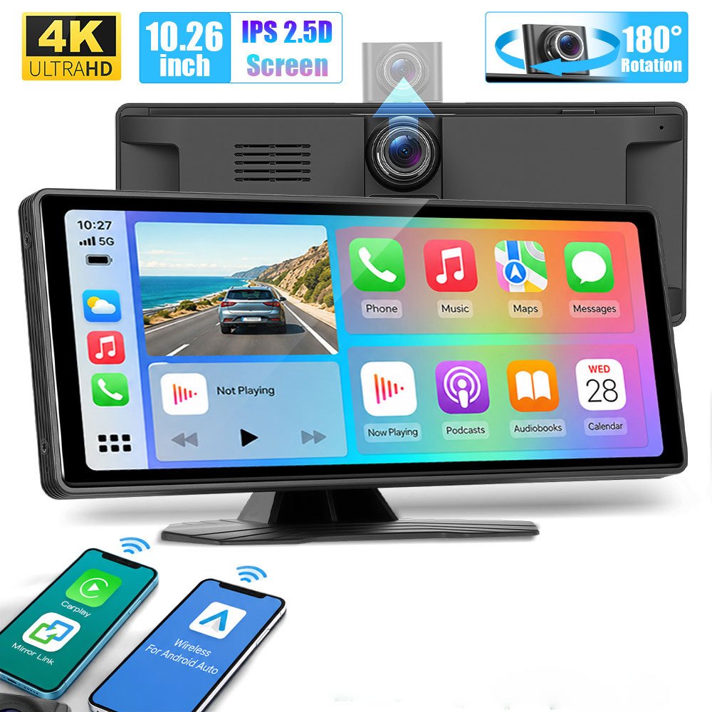 Uhd 4k Dash Cam 10.26 Inch Touch Screen Portable Car Stereo With & Auto& , 180° Rotatable Camera Car Radio, Fm Transmitter/ Aux/ Bluetooth Audio Output With Camera&64gb Tf Card (optional)
