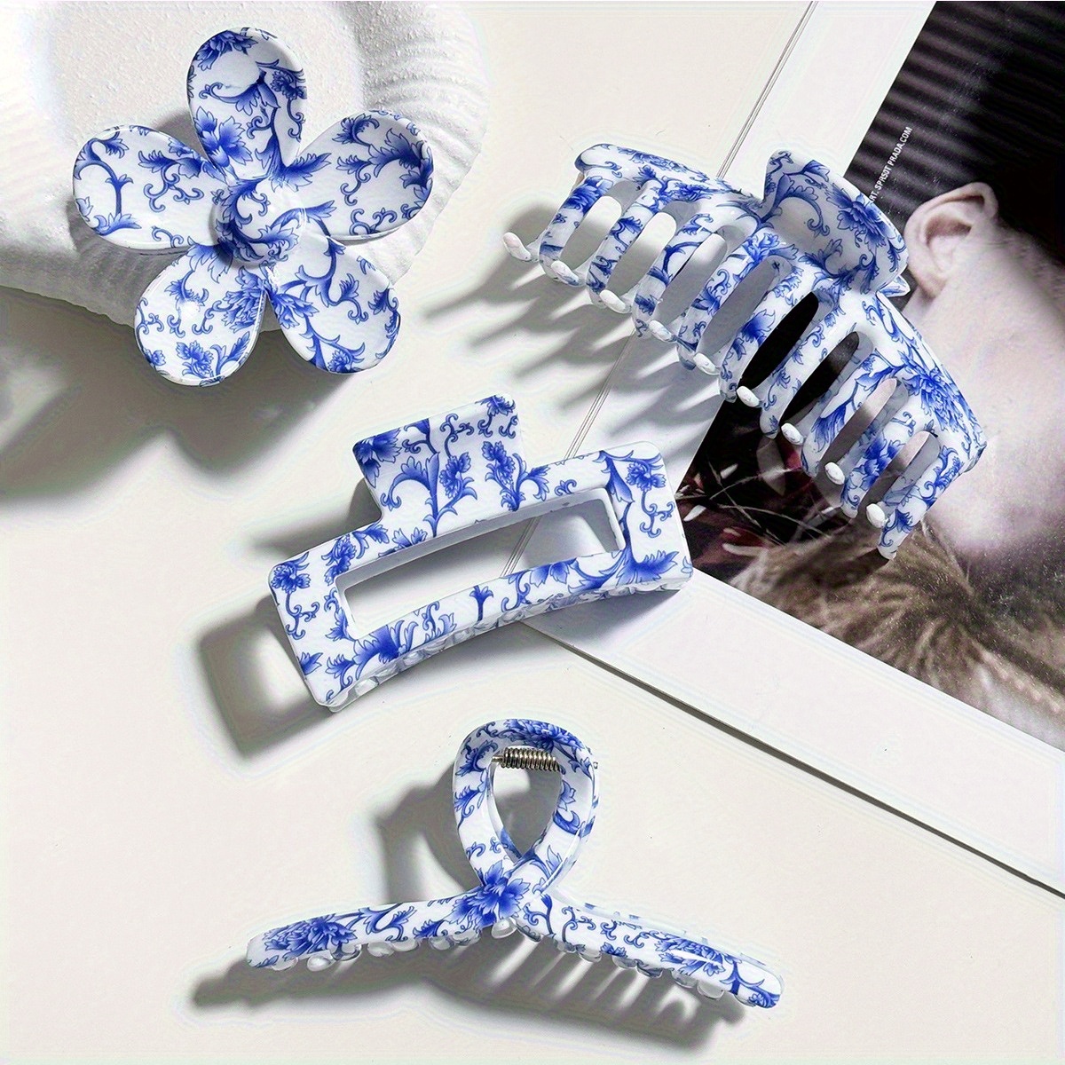 Image of 4pcs Set Of Elegant Blue And White Porcelain Hair Clips, Suitable For Parties, Large Rectangular Shark Clips, Vintage Floral Print Hairstyle, Perfect Day Gift