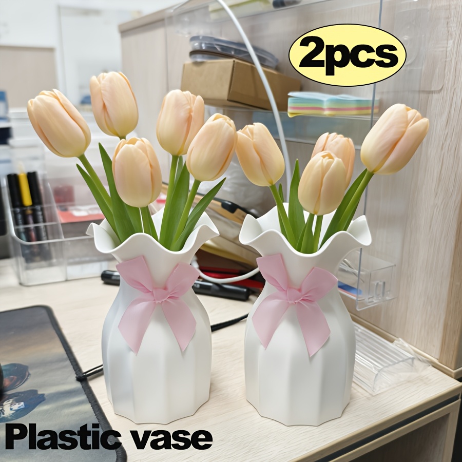 TEMU 2 stuks Boheemse Stijl Decoratieve Plastic Vazen, Versierd met Leuke Strikken, Ideaal voor Tafelstukken, Geschikt voor Alleen Gedroogde Bloemen,