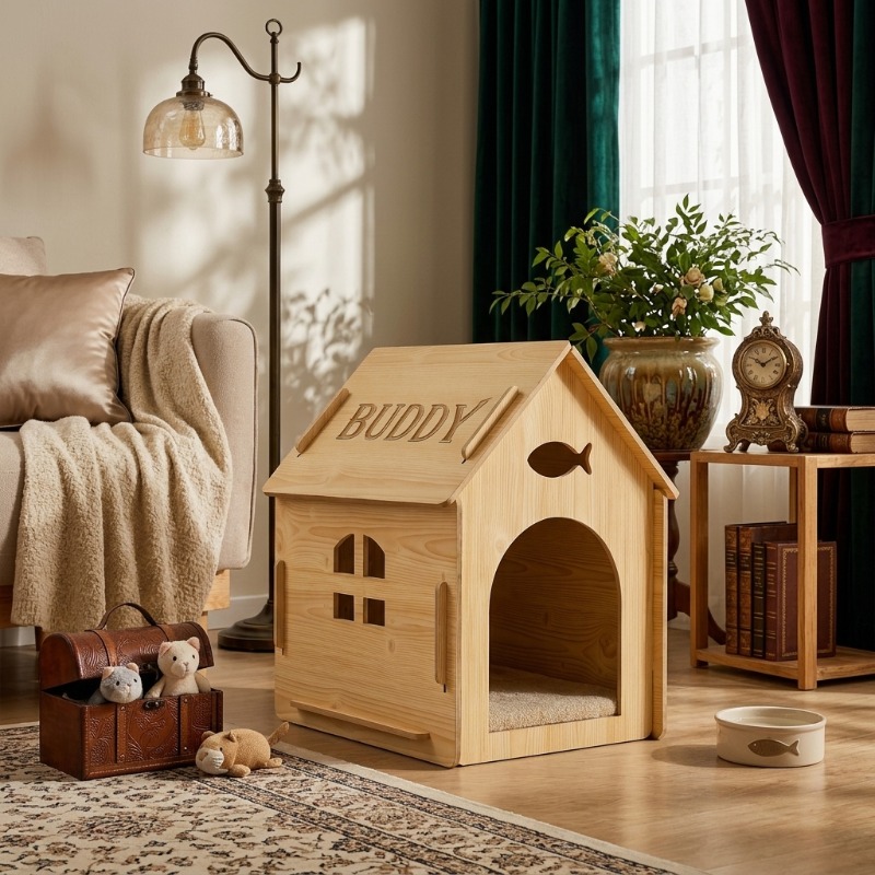 Custom Engraved Pet Name Modular Assembled Wooden Indoor Cat House, Personalized Fish Cutout & Window Cozy Shelter, Rustic, Spacious Private Nest for Furry Friends, Unique Gift to Build Warm Exclusive Space for Beloved Cats