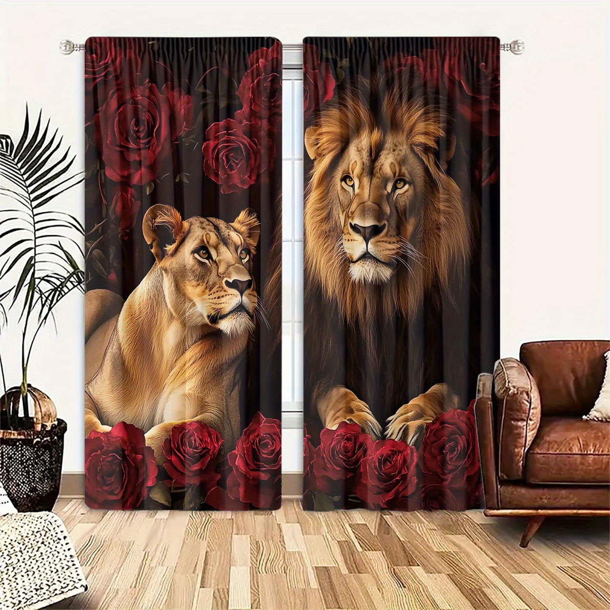 

2pcs Set: Hd Rose & Lion Print Curtains - Light Filtering, Rod For Bedroom, Living Room, Office Decor - Polyester, Machine Washable, Polyester, Digital Printing, Tiger Pattern