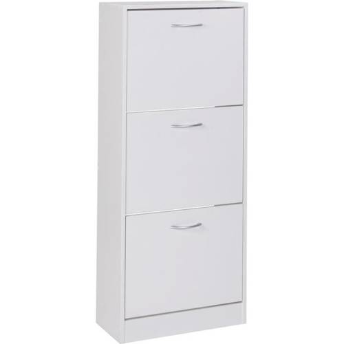 Artikelbild moderner weißer schuhschrank mit drei neigbaren fächern und integrierten griffen. platzsparende aufbewahrungslösung für bis zu 18 paar schuhe. freistehendes design, ideal für eingangsbereiche und . abmessungen: 50 x 125 x 24 cm
