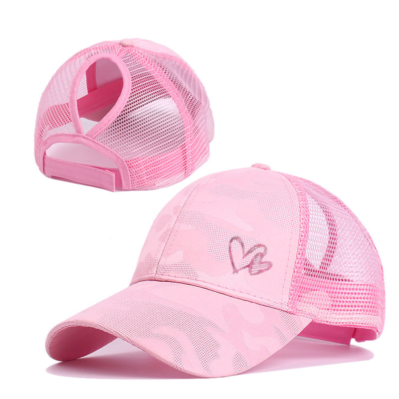 Image of Summer New Tie Dye Women's Baseball Cap, Breathable Pink Heart Printed Ponytail Mesh Cap, Men's Casual Multifunctional Sun Hat, Summer Sun Shading Duckbill Hat