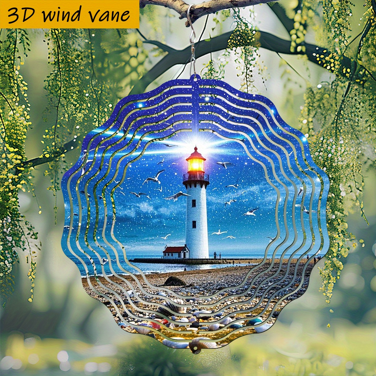 Image of 3d 1pc "night Sky Twinkling Lighthouse Illuminates Flying ." "25.5cm/10in*25.5cm/10in With Rotating Hook, 360° Diy Creative Wind Spinner" - Ideal Holiday Gift For , Spinner