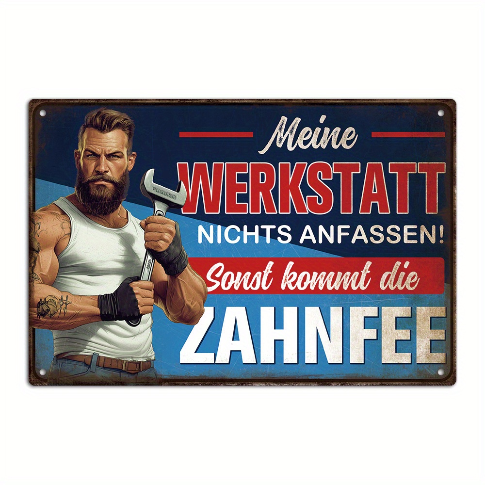TEMU 1pc German Vintage Metal Tin Sign Wall Art - " Or The Tooth Fairy Will Come!" Retro Humorous Warning Sign For Garage, For Man Cave, Workshop,