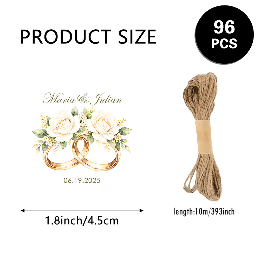 TEMU 96 Étiquettes Cadeaux Rondes de Mariage Personnalisables avec , avec Ficelle, Anneaux Dorés Imbriqués, Floraux de Roses Blanches, Design Élégant
