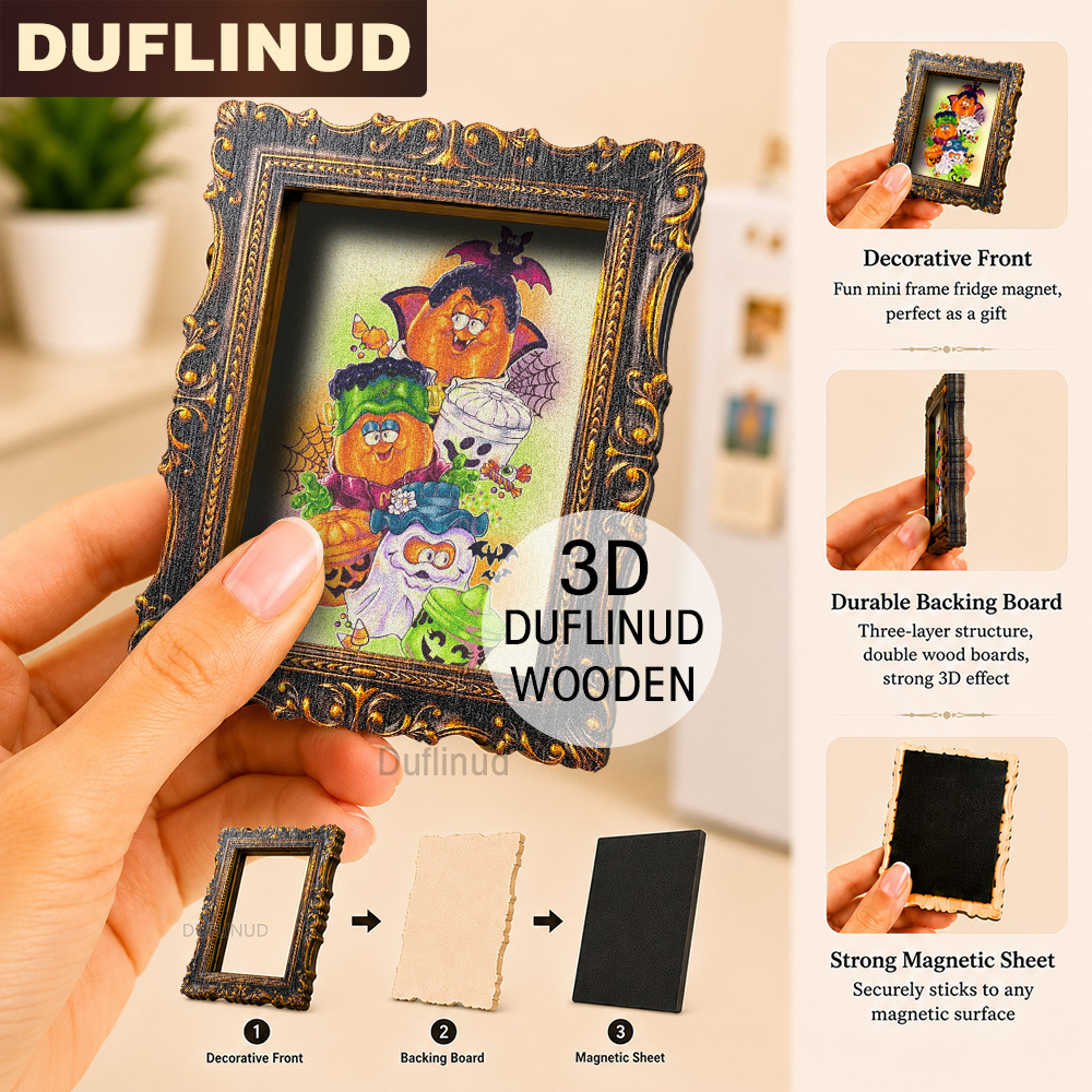 TEMU 1pc 3d Wooden Double-layer Halloween Theme Fridge Magnet, Mini, Micro Cute Pumpkin Design With Retro Frame, Wooden Fridge Sticker, Refrigerator