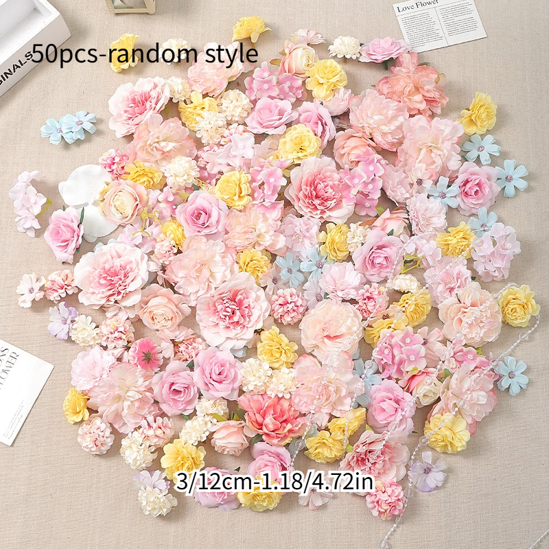 TEMU 50pcs-artificial Flower Heads Handmade Materials, Random Styles Hairpin Headpiece Hair Accessory Components Wedding Decoration, Faux Additions
