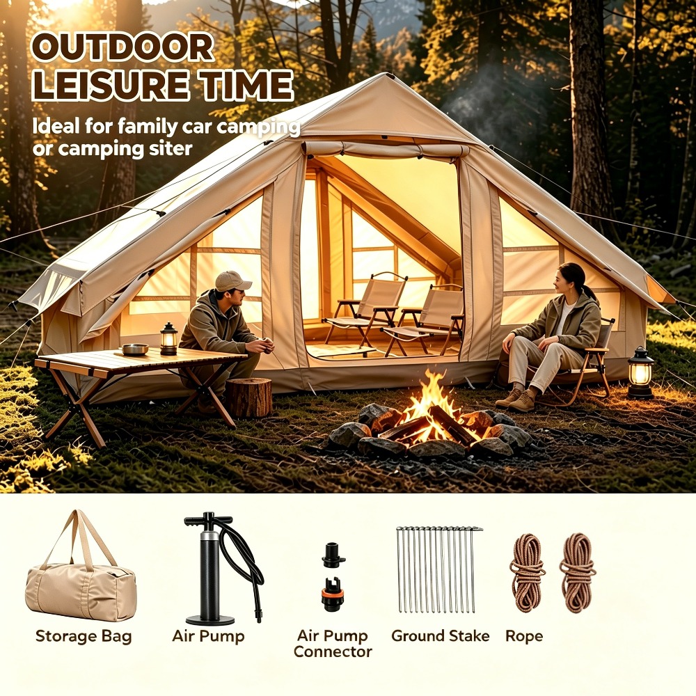 6-8 Person Inflatable Camping Tent With Hand Pump, 300x210x200cm Large Blow Up Air Tent, Windproof Cabin Tent With Window & Storage Bag For Outdoor Camping