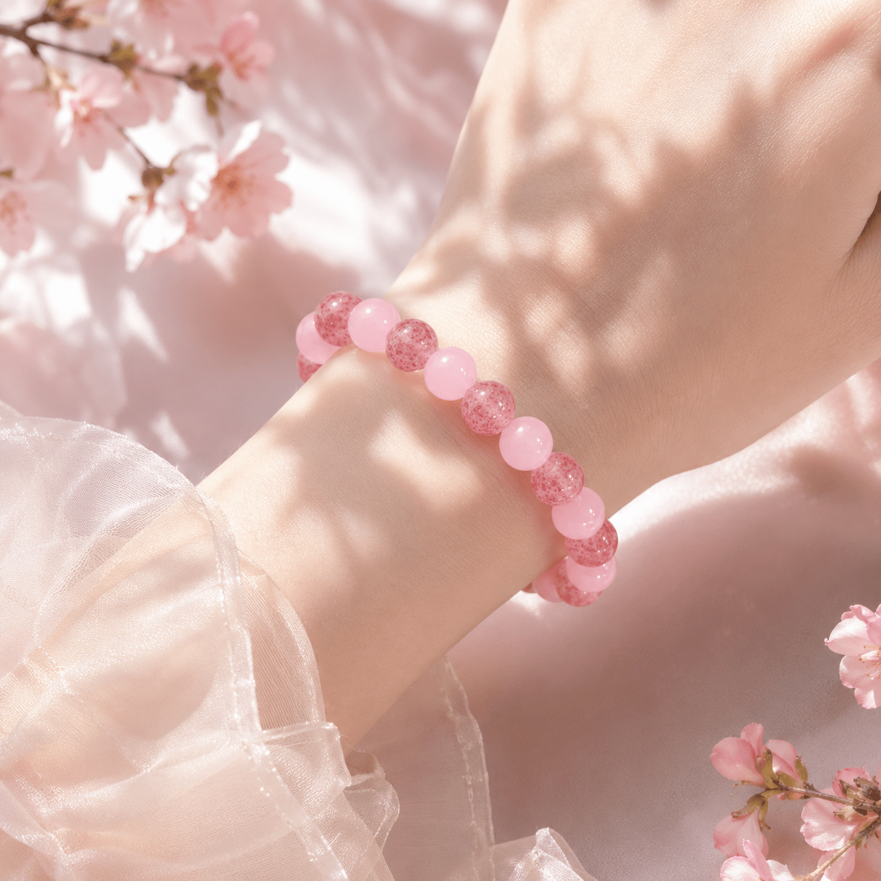 Unisex Wealth Bead Bracelet, Pink Agate, Bohemian Style