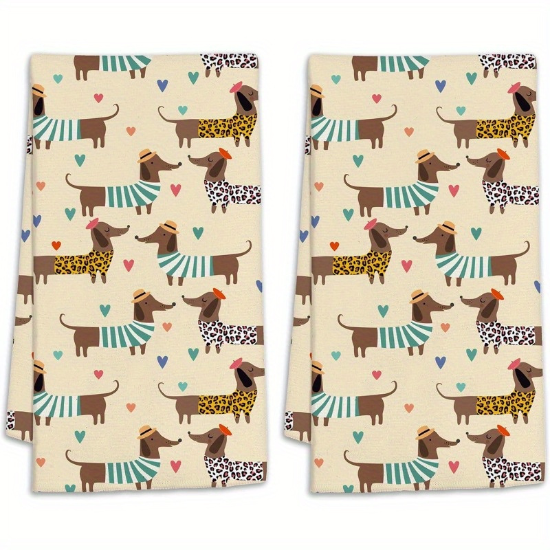 

2pcs Set 18x26 Inch Polyester Kitchen Towels, Modern Dachshund & Heart Pattern, Soft, Machine Washable, Rectangular, Sporty Home & Bathroom Decor