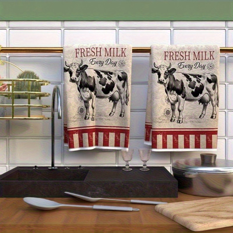 TEMU 2pcs 18x26 Inch Kitchen Towels - Soft Polyester, Super Absorbent & Quick-drying, Decorative Cow Pattern With " Day" Design, Machine Washable