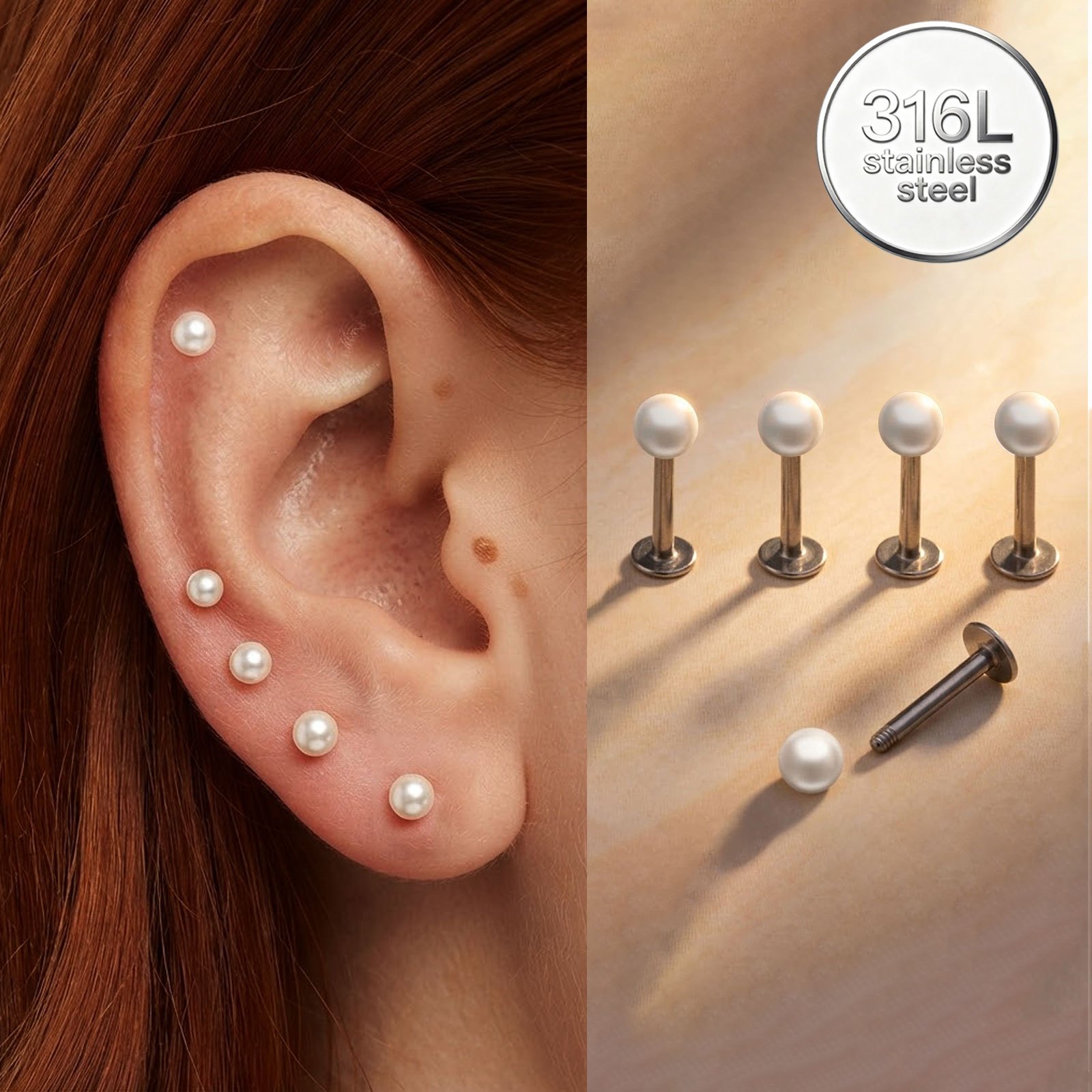 TEMU 2D Flat - 5 Stück FLAT BACK Helix Ohrring Knorpel Ohrring Tragus Ohrringe Stud 316L Edelstahl Flexibler Kunststoff Lippenringe Labret Studs