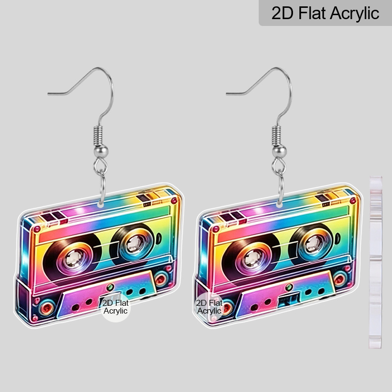 TEMU Pendientes acrílicos planos 2D con estampado de cinta de cassette colorida vintage de , pendientes estilo Y2K para mujer, nuevos pendientes de