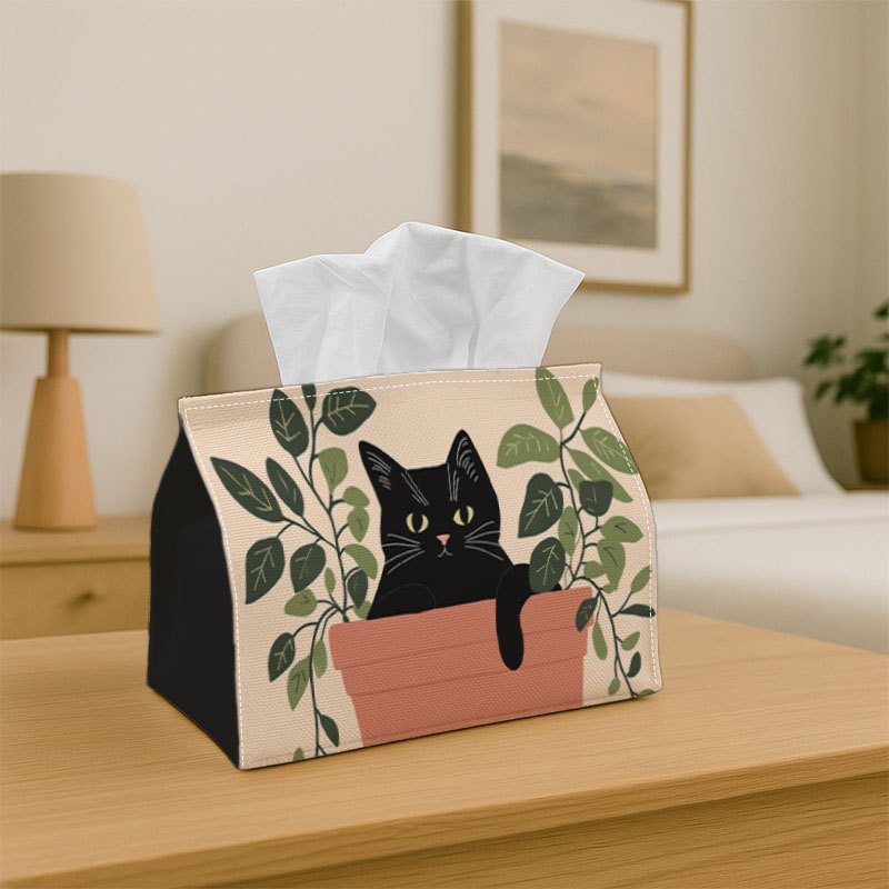 TEMU 1pc Minimalist Modern Tissue Box Cover - Black Cat Pot Print, Durable Fabric For Kitchen, Living Room, Bedroom, Car, For Home & Party