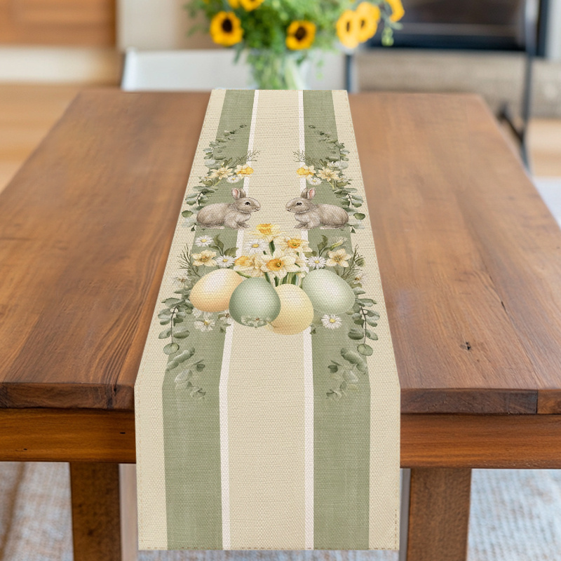 TEMU -Tischläufer & Tischdecke mit Hasen- & Blumen-Ei-Mustern – Hellgrün & Beige Frühlings-Tischdeko, Stoff geeignet für Ostern, Frühlingspartys,