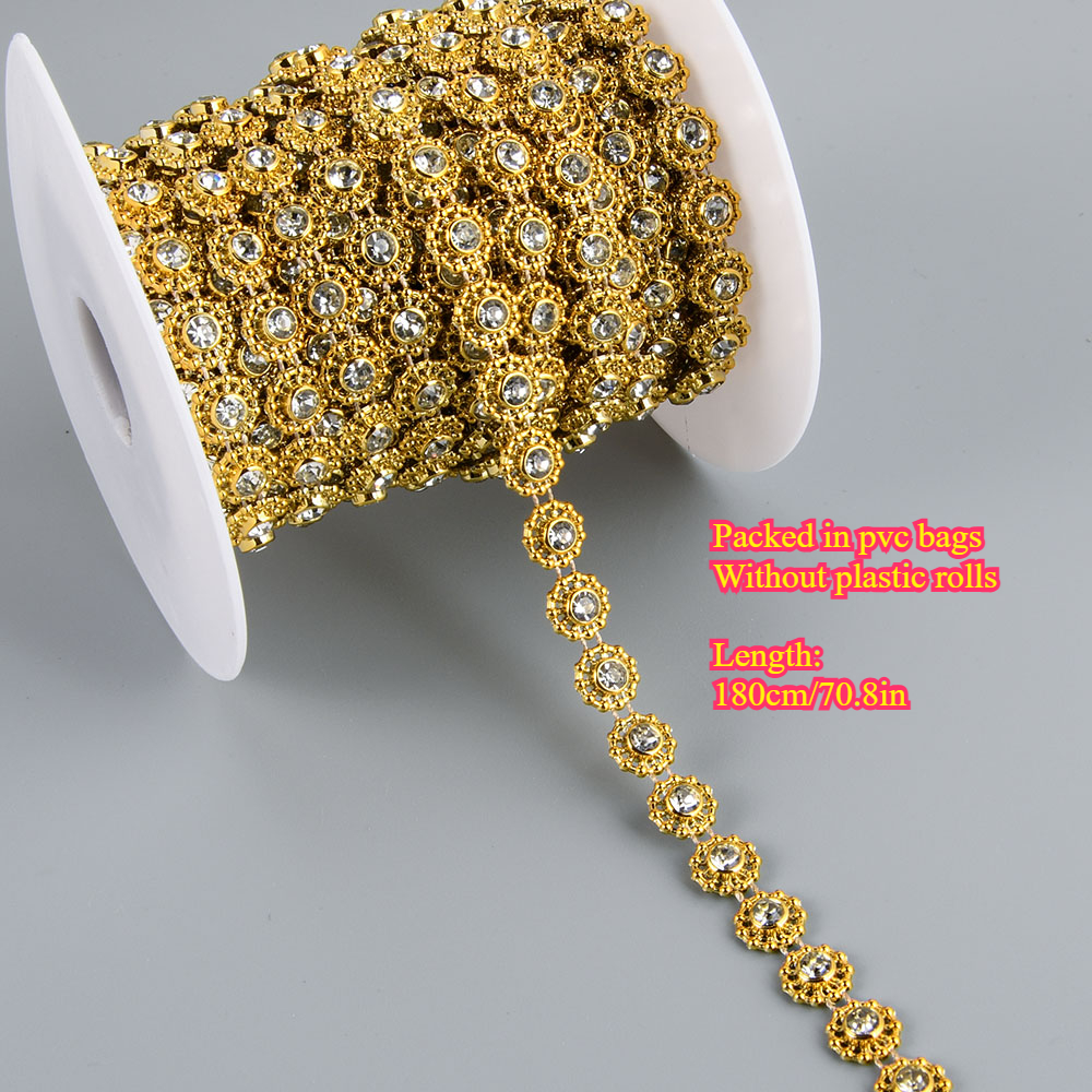 Image of 1pc 1.0cm/0.39in Width Elegant Plastic Rounded Flower With Rhinestones Beaded Chain Trim Garland For Sewing Bridal Dress Decor Weddings Party Home Decor, Diy Creative Decorations, Jewelry Making Kits