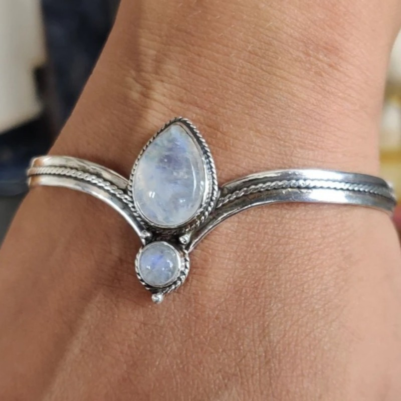 TEMU 1pc Bracelet Bangle Réglable Main Style Bohème Vintage Antique Argenté Naturelle Deux Bracelet Femme Adapté aux Cadeaux Quotidiens Vacances
