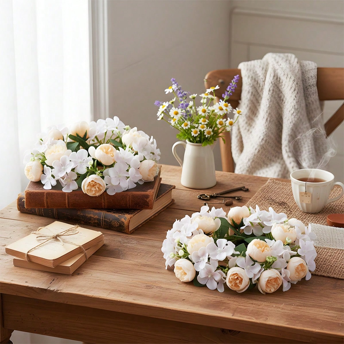 TEMU 2pcs 9inch Candle Rings Wreaths, Artificial Hydrangea Wreath Candle Rings For Pillars Christmas Wedding Home Table Party Decoration For Wedding