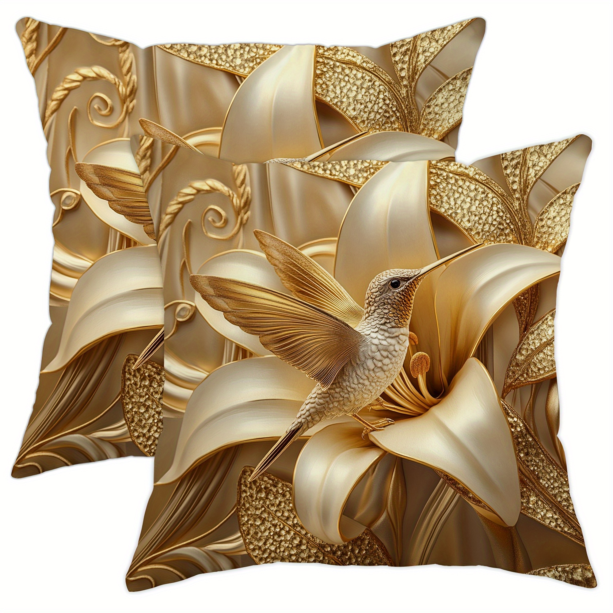 TEMU 2pcs 3d Golden Lily And Bird Pillowcase, Zipper Closure Polyester Cushion Cover, Healthy And Comfortable, Beautiful And Practical, The For Home