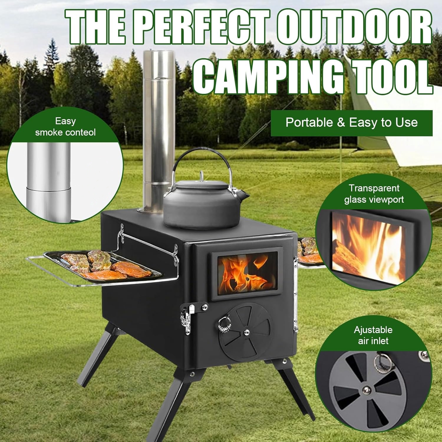 TEMU Portable Wood Burning Camp Stove - Heavy-duty Carbon Tent Stove With 5 Chimney Pipes, Heat-resistant Glass Door & Gloves, Foldable Outdoor