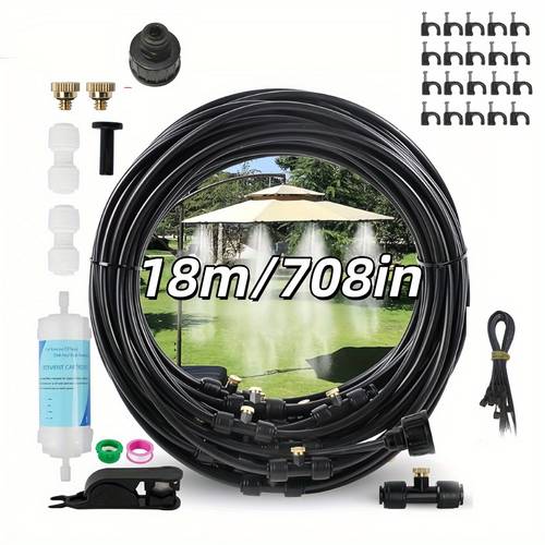 Outdoor Misting System Patio Cooling, 18/15/10/8m Hose Kit, Cooling Misters Porch, Backyard, Yard, Garden, Portable Mist System with Brass Nozzles Outside