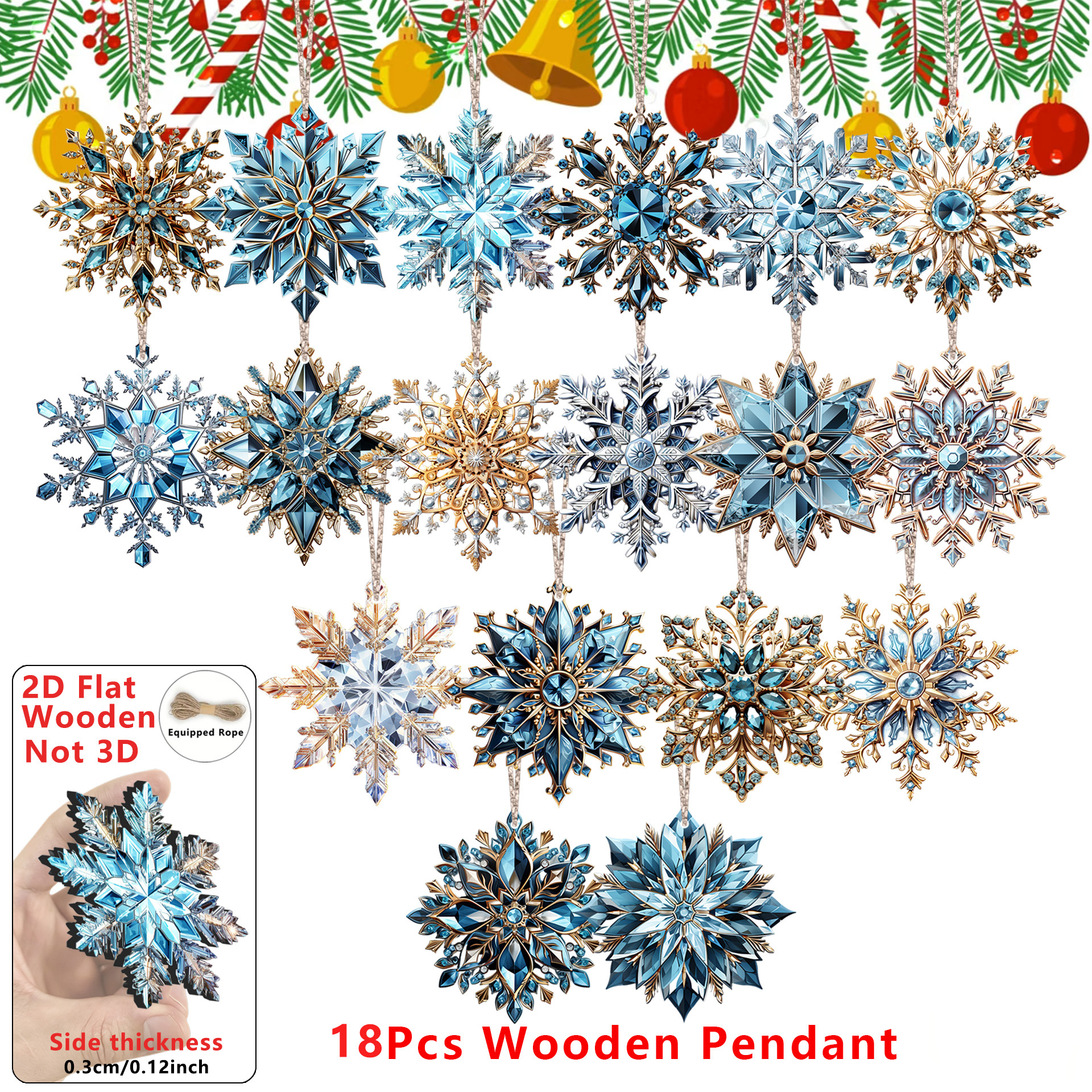 Image of 2d Flat-18pcs Christmas Gorgeous Crystal Snowflake Wooden Pendant, Snowflake Pendant For Christmas Tree Decoration, Home, Office, Classroom Decoration, Supplies, Gift Signs